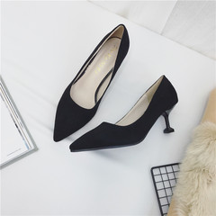 Black high-heeled shoes, female summer 2017 new style cat heel shoes, fine point heel 5cm bow knot single shoe, heel heel in spring Thirty-eight Black light plate