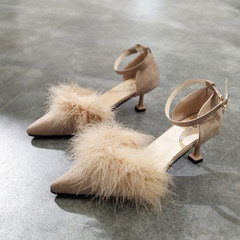 With fur shoes, autumn and winter cats and women's shoes buckle, sexy heel with heel, 5cm Thirty-eight Khaki
