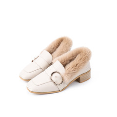 British style shoes female student winter 2017 Korean all-match retro loafer square with coarse shoes Merchandiser Thirty-eight Rice white (velvet)