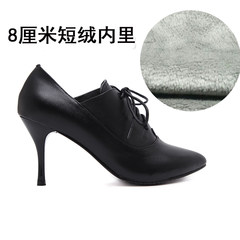 Big code new winter and autumn women's black tie pointed high-heeled shoes, leather fine heel, heel leather shoes female deep mouth single shoes Thirty-eight Eight cm high with short fiber lining
