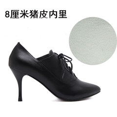 Big code new winter and autumn women's black tie pointed high-heeled shoes, leather fine heel, heel leather shoes female deep mouth single shoes Thirty-eight Eight centimeters tall, inside the dermis