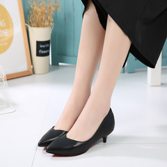 2017 pointed heel heel 3CM high-heeled women's shoes, leather and professional black work shoes 5CM short heel OL single shoes Thirty-eight Black 3 cm