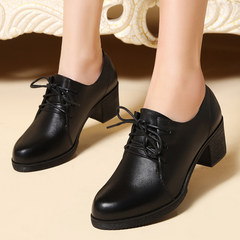Work shoes, lace, heel leather, single shoes, British style, round head ladies, small leather shoes, black 2017 Thirty-eight black