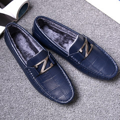 The casual shoes and shoe leather cashmere Doug male dress business men's Loafers Shoes trend in autumn and winter Forty-two Blue [Z buckle]