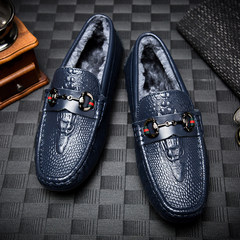 Korean male leather shoes and shoes Doug popular fashion dress shoes with crocodile cashmere casual shoes Thirty-eight Thermal blue