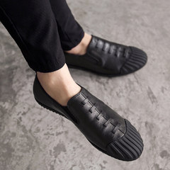 Android shell head leather breathable mens shoes shoes Doug loafer shoes Korean male lazy tide Thirty-eight black