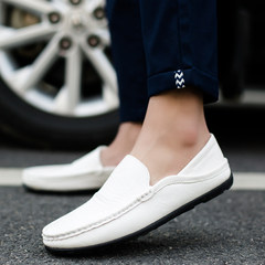 Autumn summer ventilated small leather shoes, male Korean version, pedal driving shoes, casual shoes, social small bean shoes Forty-one white