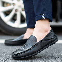 Autumn summer ventilated small leather shoes, male Korean version, pedal driving shoes, casual shoes, social small bean shoes Forty-three black
