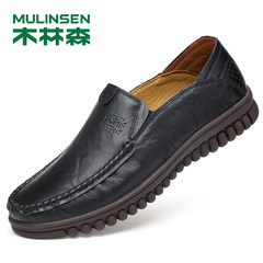 Linsen shoes for men in spring and autumn leather casual shoes breathable soft bottom shoes foot middle-aged Doug dad's shoes Thirty-eight black