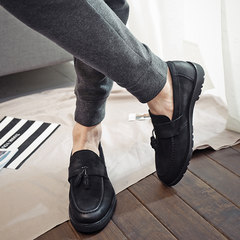 The spring and autumn Korean men's leather wax tassels pedal loafer shoes Doug British style leisure shoes increased Thirty-eight Black (Liu Su)