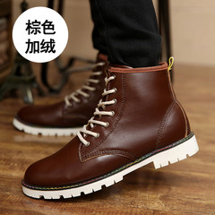 Martin boots male British style for autumn winter boots high tide all-match Korean help with cotton shoes men boots Standard sports shoes code Brown White Velvet
