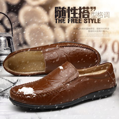 Winter casual shoes Korean male Doug leather shoes soft non slip bottom shoes slip-on driving business men's shoes Thirty-eight 1599 red brown plus cashmere