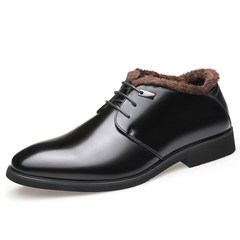 Male leather business casual shoes leather shoes dress shoes with pointed British winter warm cashmere men's cotton shoes Thirty-eight Atmospheric Black