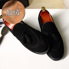 Warm loafer shoes leather shoes tassel low British pedal leisure men and cashmere leather shoes lazy Thirty-eight Black velvet