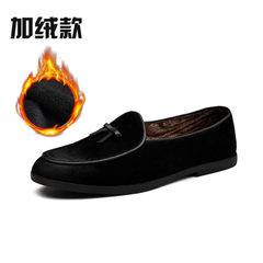 2017 new bean shoes, male winter plus cashmere, trend of lazy shoes, autumn lucky shoes, small leather shoes Forty-two Black velvet