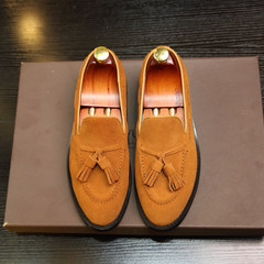 Warm loafer shoes leather shoes tassel low British pedal leisure men and cashmere leather shoes lazy Thirty-eight Light brown