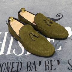 Autumn and winter and scrub fringed state shoes slip-on British men's Korean set foot all-match low shoes Thirty-eight green