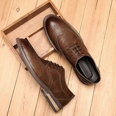 Autumn Bullock carved men's British style thick round bottom leather men's business casual shoes lace dress Thirty-eight Light brown