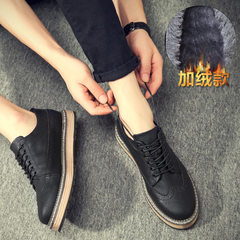 Autumn and winter with cashmere casual shoes British carved leather shoes shoes Bullock Korean increased thick bottom all-match shoes Standard leather shoes code (one size of big sports shoes) Black Suede