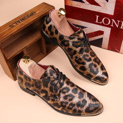 The British men's Korean youth trend increased pointed Bullock style carved leisure stylist fringed leather shoes Baby stick 1186 leopard print yellow