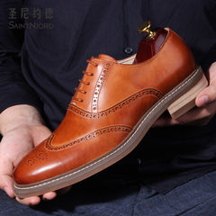 Bullock style shoes retro British leather hand carved Oxford shoes soled shoes men's business casual Forty Manual Brown wiping