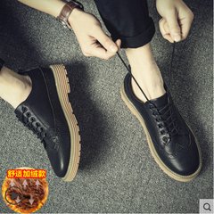 The new Korean youth in autumn and winter shoes casual shoes lace round shoes plus velvet shoes British students Thirty-eight Black velvet