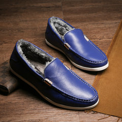 Lok Fu shoes leather shoes casual shoes men Doug England spring driving loafer winter plus velvet shoes tide Thirty-eight Blue cashmere 1168 standard Leather Size