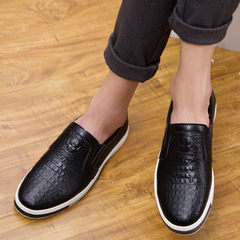 Autumn and winter men's casual shoes without laces loafer male pedal leather shoes all-match British style lazy boy Forty black