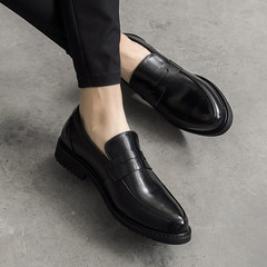Autumn leather shoes, male Korean version, British air permeability increase, business casual leather tip, foot kick le fu shoes Thirty-eight Black [increase in Inner]