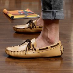 Summer fashionable leather shoes, men's Republic of Korea fashionable sailing shoes, British men's casual shoes, leather peas shoes men 40 leather shoes code, bigger than sports shoes number Lace yellow 5887
