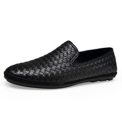 The British men's shoes in Europe leather loafer shoes breathable soft face all-match woven shoes leather shoes Thirty-eight black