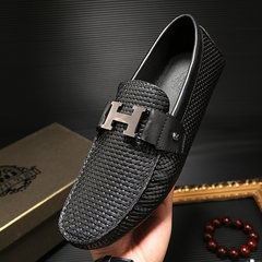 Hongkong Europe station men's woven leather embossed Doug shoes set foot shoes lazy British business boat shoes shoes Thirty-eight black