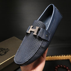 Hongkong Europe station men's woven leather embossed Doug shoes set foot shoes lazy British business boat shoes shoes Thirty-eight Navy Blue