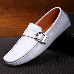 Spring and summer leather shoes Doug male Korean white lazy driving shoe British business casual shoes low breathable shoes Thirty-eight White leather