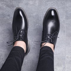 Korean style leather shoes men`s winter round head young students business suit to increase the trend of the British soft sole shoes 38 black [inside increase]