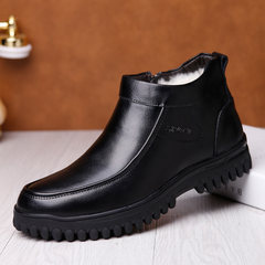Winter cotton-padded shoes men warm and fuzzy men`s leather leather shoes middle-aged and old high help thicken leisure shoes father 38 black winter shoes