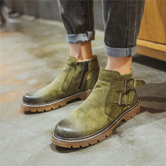 Korean men Martin boots winter boots sleeve retro round punk boots casual shoes tide British high shoes Thirty-eight 17363 green