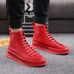 High shoes shoes with red velvet warm winter trend of Korean British sports shoes shoes Gobon shoes Thirty-eight Increase in red