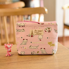 South Korea small fresh canvas art sanitary napkin bag zipper, lovely large capacity girls packing sanitary napkin, aunt package Light pink little meow