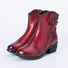 Hand-made retro national style leather and cotton women`s short boots with round head and low heel w red 35 