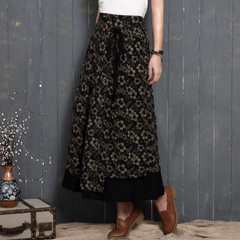 Original women`s spring and summer new style national style skirt high waist printed cotton hemp ski black All code 