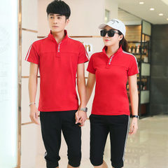 Factory direct sale summer men and women two bar sports short sleeve suit students class uniform lei red M/L 