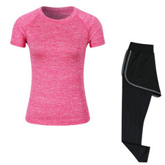 加工定制夏季女短袖健身服上衣假两件运动长裤瑜伽跑步训练套装 红色 S