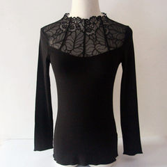 Autumn and winter new high - grade pure cotton with half - high neck lace patchwork long-sleeved spi black All code 