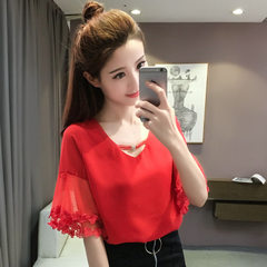 The new style of 2018 summer women`s wear Korean version lace net gauze lotus leaf sleeve short-slee white s. 