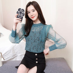 Spring 2018 new style women`s temperament hollow-out lantern sleeve lace base shirt long-sleeve chif green s. 