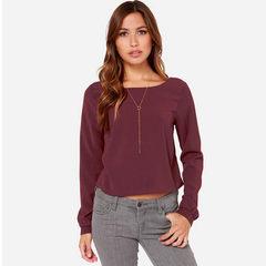 New style spring and autumn shirt sexy backless long-sleeved chiffon shirt casual loose short jacket Bordeaux red s. 