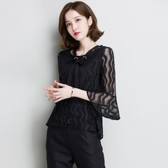 Spring 2018 new products chiffon sweater with seven-part sleeves perspective hollow-out female chiff black m 