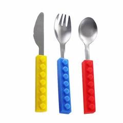Three sets of building block tableware: silicone children`s knife and fork spoon, silicone handle, s Standard picture color, customizable Three-piece set 