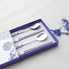 青花瓷四件套 陶瓷不锈钢餐具 广告促销  两勺两筷礼盒套装 蓝色 4件套